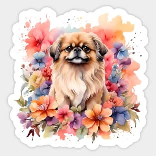 A pekingese decorated with beautiful watercolor flowers Sticker